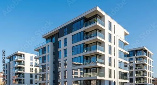 A sleek multi-story apartment complex featuring floor-to-ceiling glass windows and private balconies under a clear bright blue sky, investment, angle, residence