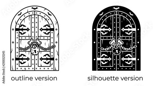 Antique Door Designs: A pair of antique arched doors, one presented in outline and the other as a silhouette, secured with a heavy padlock and chain, evoke mystery and old-world charm.
