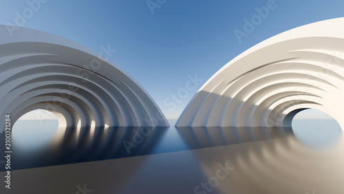 фотографія 3D render of abstract symmetrical white curved architectural arches under blue s