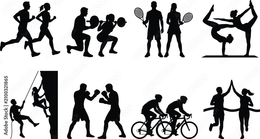 Obraz premium Fitness and active sports couple silhouette vector icons set for healthy lifestyle training and workout designs