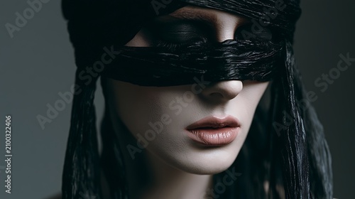 Prompt: An ethereal yet dark fashion shot. A model with pale skin and dark eye makeup has a single, long strip of wet black chiffon wrapped loosely yet suffocatingly over her eyes, trailing 