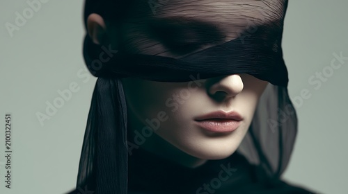 Prompt: An ethereal yet dark fashion shot. A model with pale skin and dark eye makeup has a single, long strip of wet black chiffon wrapped loosely yet suffocatingly over her eyes, trailing 