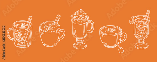 Fotografía Hand drawn assortment of coffee, tea and specialty beverages in outline style