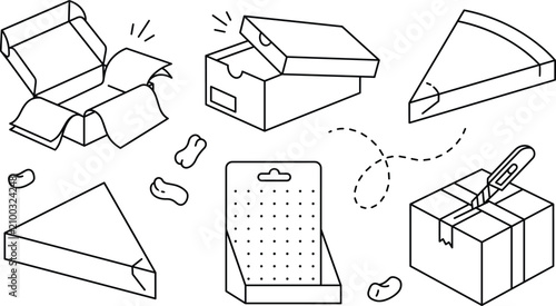 фотографія Product packaging line art vector icons set featuring open cardboard box shoebox
