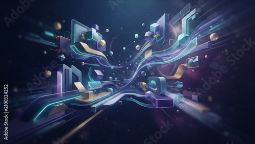 Abstract Futuristic Technology Background with 3D Geometric Shapes and Digital Network Connection