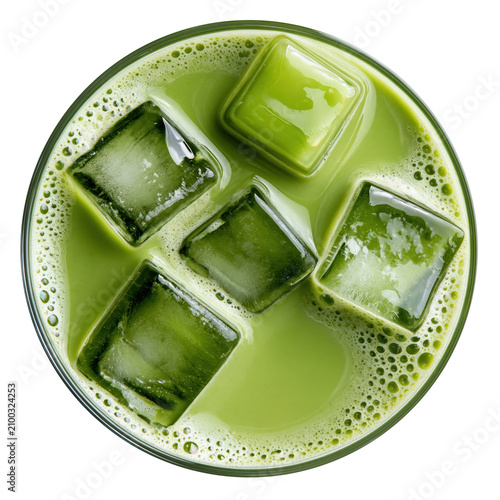 Matcha green tea latte with ice cubes and foam in a glass, top view, pouring a refreshing cold drink, healthy antioxidant beverage, transparent background