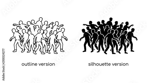 Принти на полотні Crowd of People, Outline and Silhouette: Two distinct depictions of a crowd of people, one as a black and white outline and the other as a solid silhouette, illustrating uniformity and mass