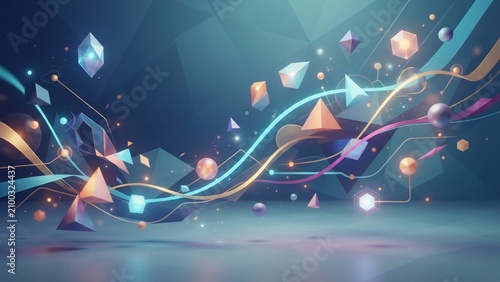 Abstract Background with Floating Geometric Shapes and Glowing Particles