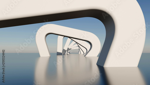 Fotografie 3D render of abstract white twisting arches sequence under a clear sky, minimali