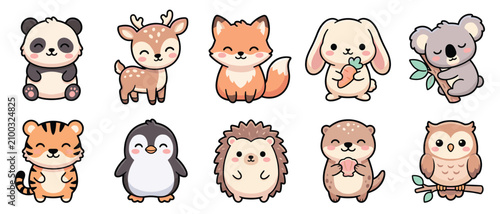 Photography Cute Kawaii Forest Animals Vector Icon Set with Panda Deer Fox Rabbit Koala Tige