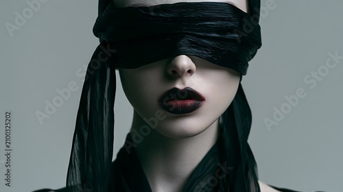 Prompt: An ethereal yet dark fashion shot. A model with pale skin and dark eye makeup has a single, long strip of wet black chiffon wrapped loosely yet suffocatingly over her eyes, trailing 
