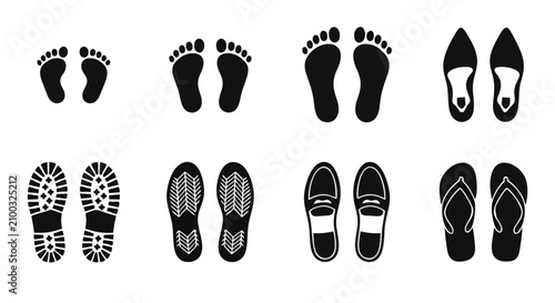 Foto Human Footprints and Shoe Prints Collection Set Black Silhouette Icons