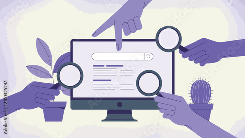 Multiple hands analyzing search results on a computer monitor using various magnifying glasses