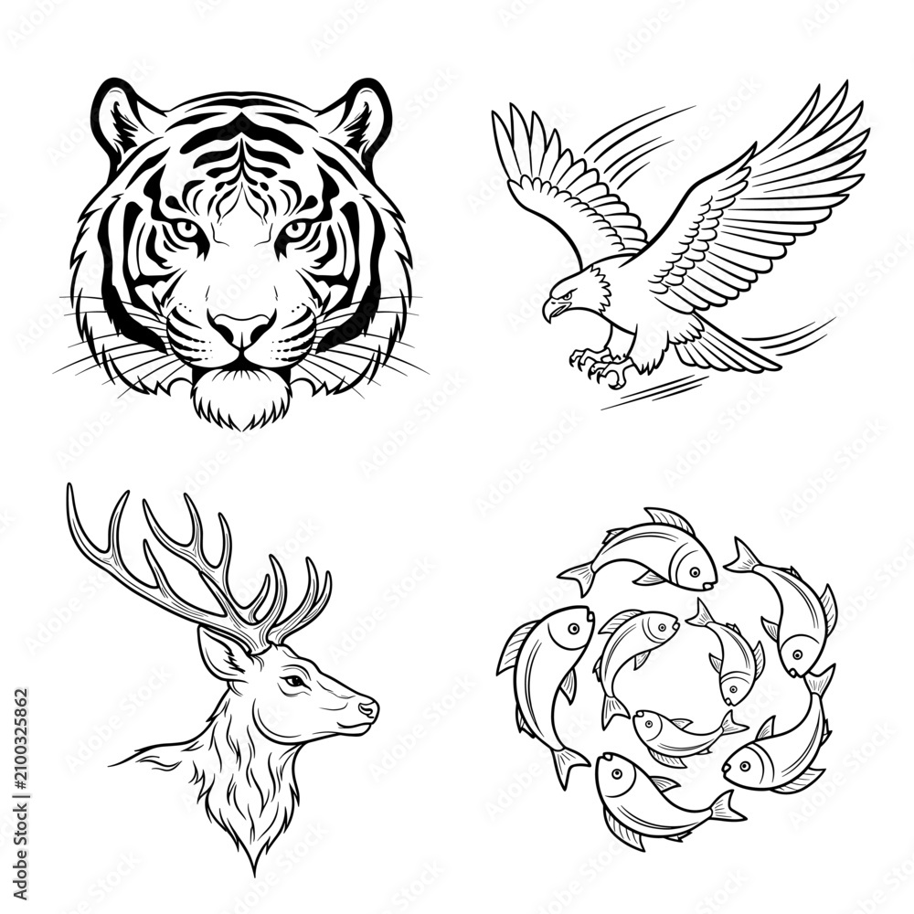Obraz premium Black and white illustrations of a tiger, eagle, deer, and fish.