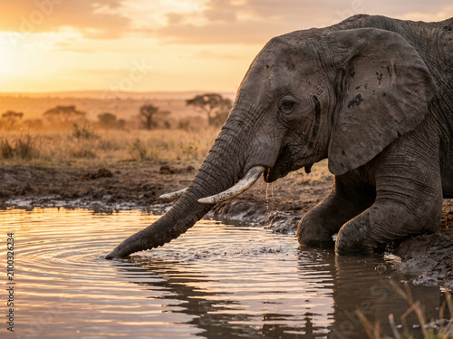 Foto Elephant kneeling at waterhole in golden savanna sunset with serene wilderness b