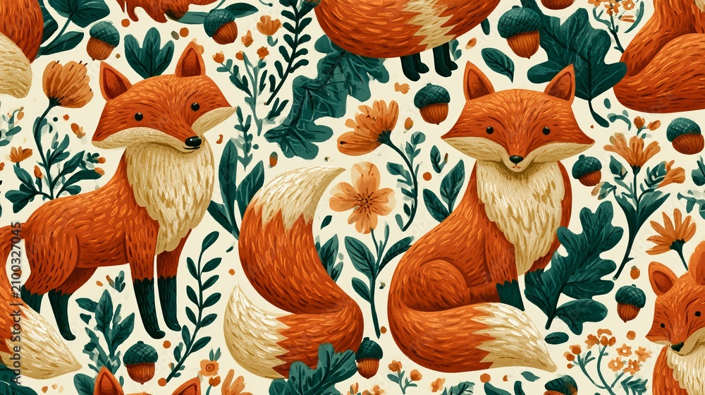 Obraz premium Orange foxes, plants, flowers, and acorns form a smooth, repeating design. This autumn-themed artwork shows animals and nature.