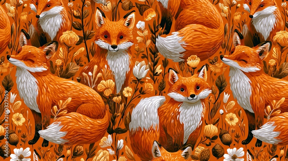 Obraz premium Orange foxes, plants, flowers, and acorns form a smooth, repeating design. This autumn-themed artwork shows animals and nature.
