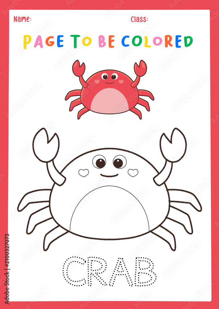 Fototapeta premium Cute crab coloring page for kids, black and white ocean animal line art illustration, printable educational preschool activity worksheet with color reference