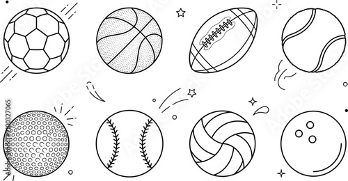 Fotografie Sports balls line art vector icons set featuring soccer basketball football tenn