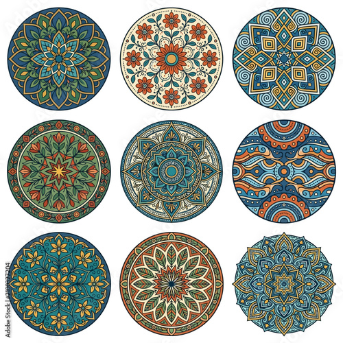 Collection of intricate and colorful mosaic tile patterns with geometric and floral designs.