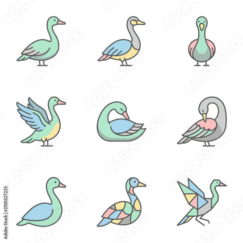 Collection of Colorful Swans in Various Poses and Styles for Artistic and Decorative Use.