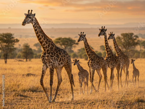 Photography Graceful giraffes walking across golden savanna at sunset with warm glowing sky