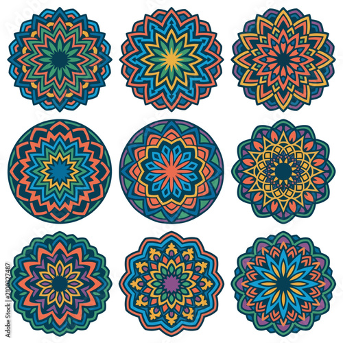 Set of nine colorful mandala patterns with intricate geometric designs.