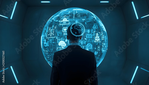 Individual learner inside a transparent holographic learning sphere generating customized educational content, viewed from behind, face hidden, minimal futuristic room, photorealistic, no text