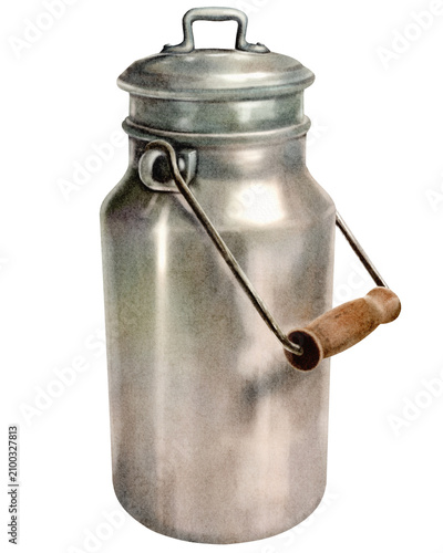 Metal milk can with lid and wooden handle, vintage container for dairy storage, rustic farm equipment, shiny silver surface, old fashioned milk jug
