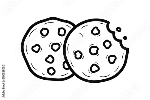 Chocolate chip cookies line art illustration hand drawn outline of two cookies, one with a bite taken out coloring page vector icon
