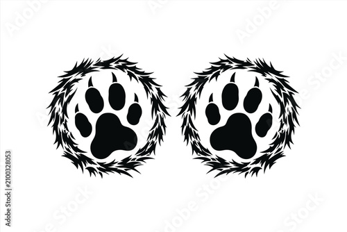 Canvas Print Wild animal paw prints with claws in furry circle frames black bear or wolf trac