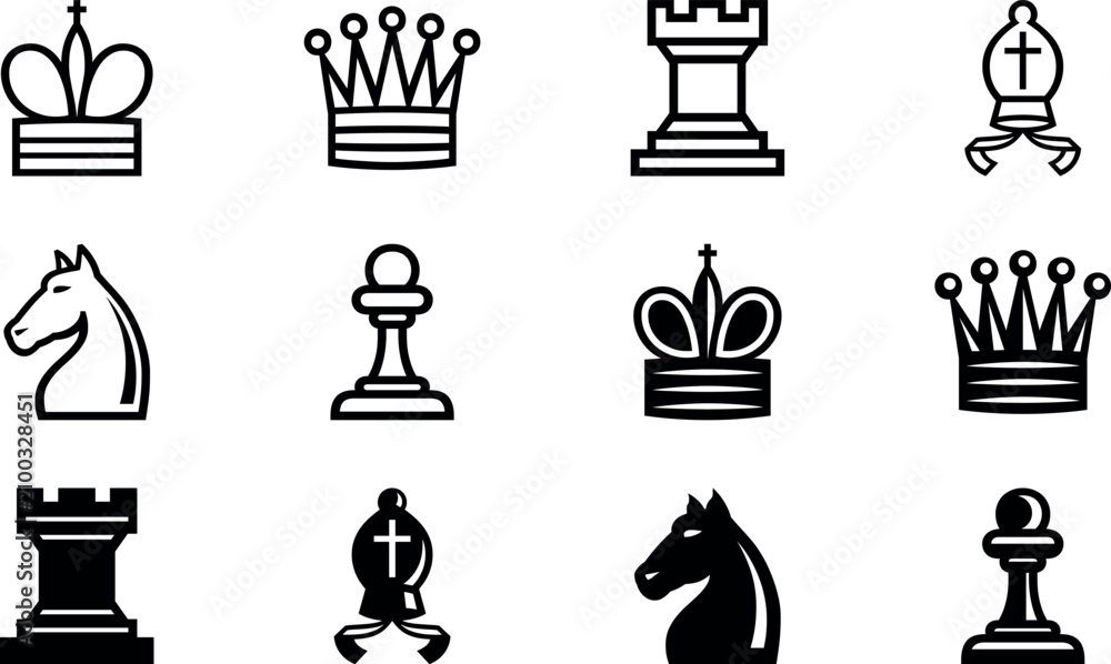 Obraz premium Chess Game Icons Vector Collection with King, Queen, Knight, Bishop, Rook, Pawn, and Chessboard Symbols