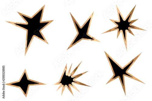 Abstract black and gold textured star and burst shapes set, geometric graphic elements for dynamic design, labels, frames