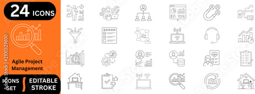 Agile project management line editable icon set. Containing business analytics, workflow process, scrum team sprint, remote work, magnifying glass, tasks checklist, and more. Editable stroke. Vector i