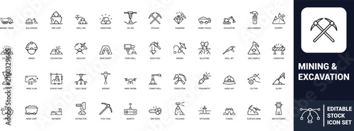 Mining excavation line art icons set mining truck, bulldozer, drill rig, pickaxe, diamond, excavation, quarry, jackhammer, excavator, hard hat, Web icon, App icon, Outline icon, Editable stroke, line 