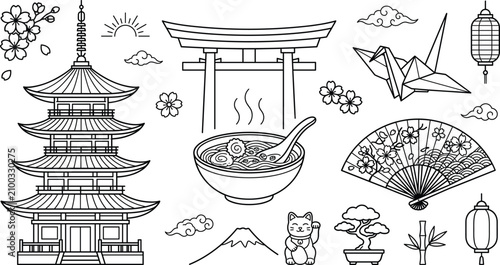 Traditional Japanese culture line art vector icons set featuring pagoda torii gate ramen bowl origami crane and folding fan