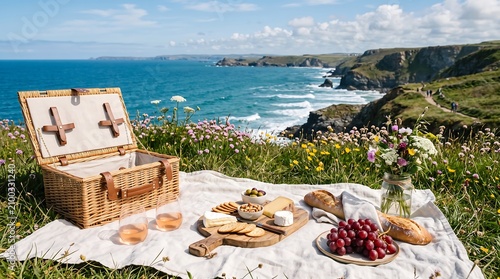 A scenic picnic setup with a wicker basket, cheese, bread, grapes, and wine on a cliff overlooking the ocean in cornwall, england