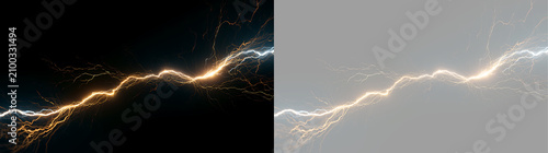 Foto Horizontal lightning bolt with orange and white electrical sparks