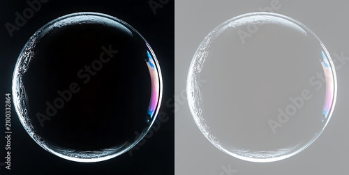 Konstfotografi Detailed soap bubble with vibrant iridescent patterns isolated on black and transparent background