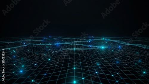 Abstract futuristic digital wireframe grid landscape with glowing nodes, cyber technology network connection background with teal blue particles and lines