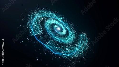 Abstract glowing cyan spiral galaxy with particle dust on dark background, futuristic cosmic vortex, nebula or space storm illustration
