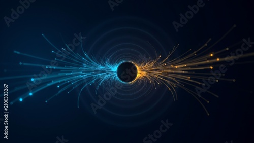 Futuristic digital black hole portal with contrasting blue and orange glowing fiber optic light trails on dark background representing big data flow