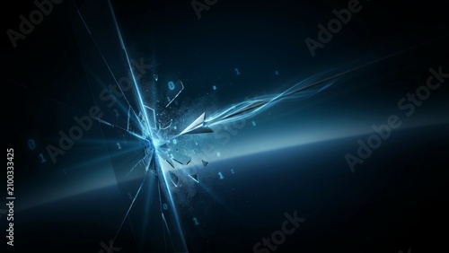 Futuristic abstract background of shattered glass with glowing blue light explosion and flying particles.