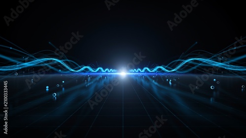 Futuristic digital landscape with glowing blue light waves and data transmission concept.
