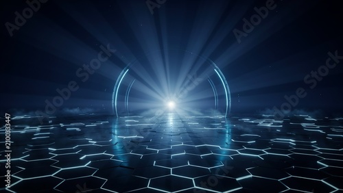 Futuristic glowing hexagonal digital landscape with light rays and portal.