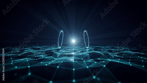 Abstract futuristic digital network visualization with glowing light rings and connection nodes.