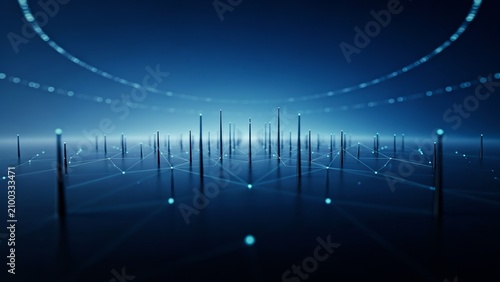 Futuristic data network visualization with glowing abstract digital pillars and connection lines.