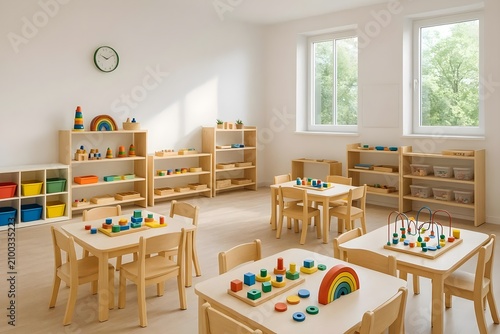 Empty Kindergarten Classroom Interior with Wooden Tables Chairs Shelves and Colorful Montessori Educational Toys for Early Childhood Development