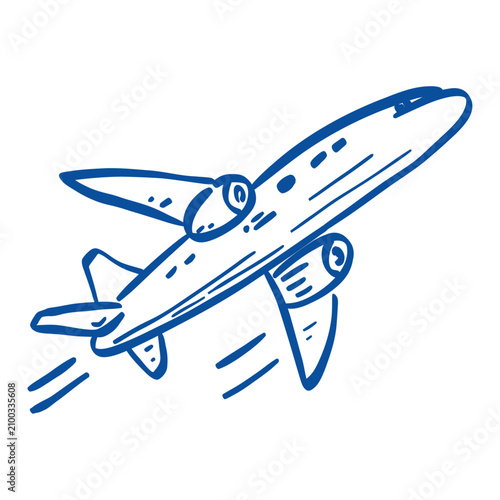Hand-drawn blue airplane in flight with motion lines