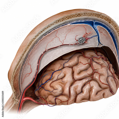 Neuroendovascular coiling procedure for brain aneurysm treatment medical illustration